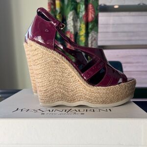 Yves Saint Laurent Glossy Plum Wedge Sandals